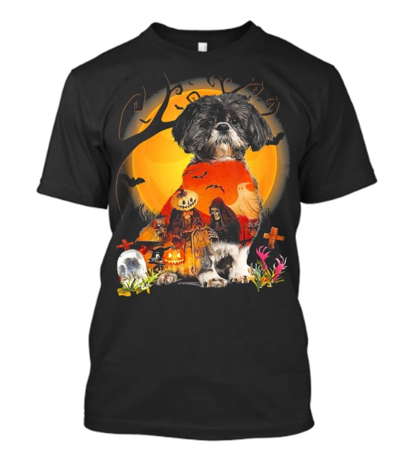 Shih Tzu Halloween Night With Pumpkins, Ghosts, And Full Moon T-Shirt