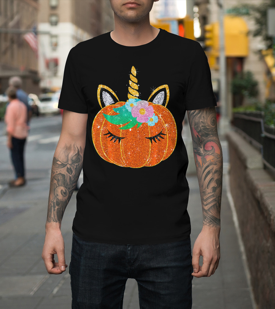 Sparkly Unicorn Pumpkin Halloween T-Shirt
