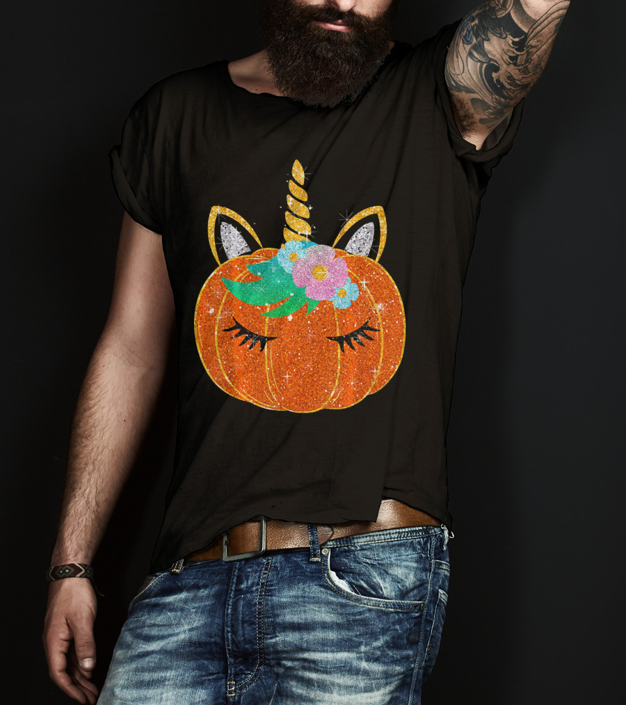 Sparkly Unicorn Pumpkin Halloween T-Shirt