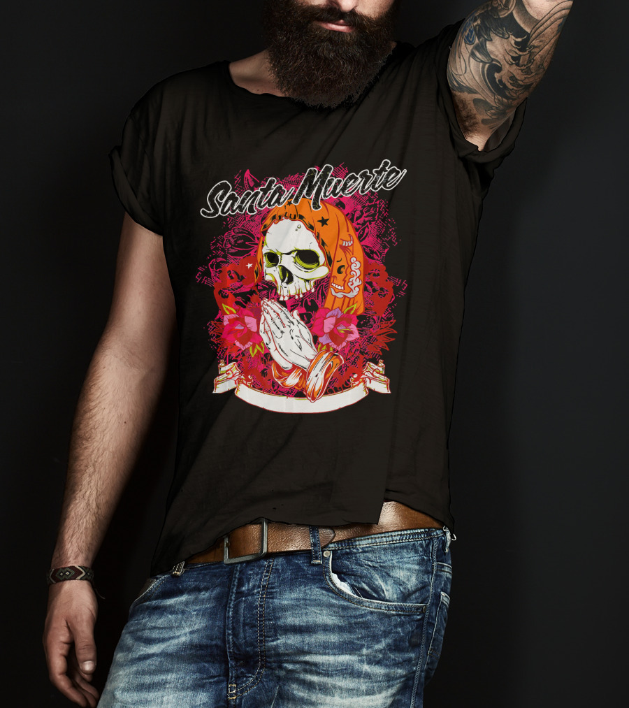 Santa Muerte Mexican Day Of The Dead Praying Skull With Flowers T-Shirt