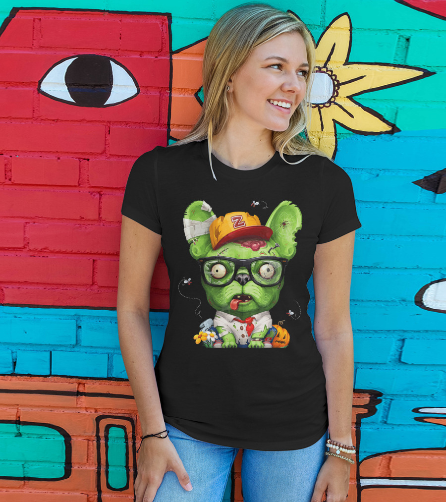 French Bulldog Wearing Zombie Glasses Halloween Hat T-Shirt