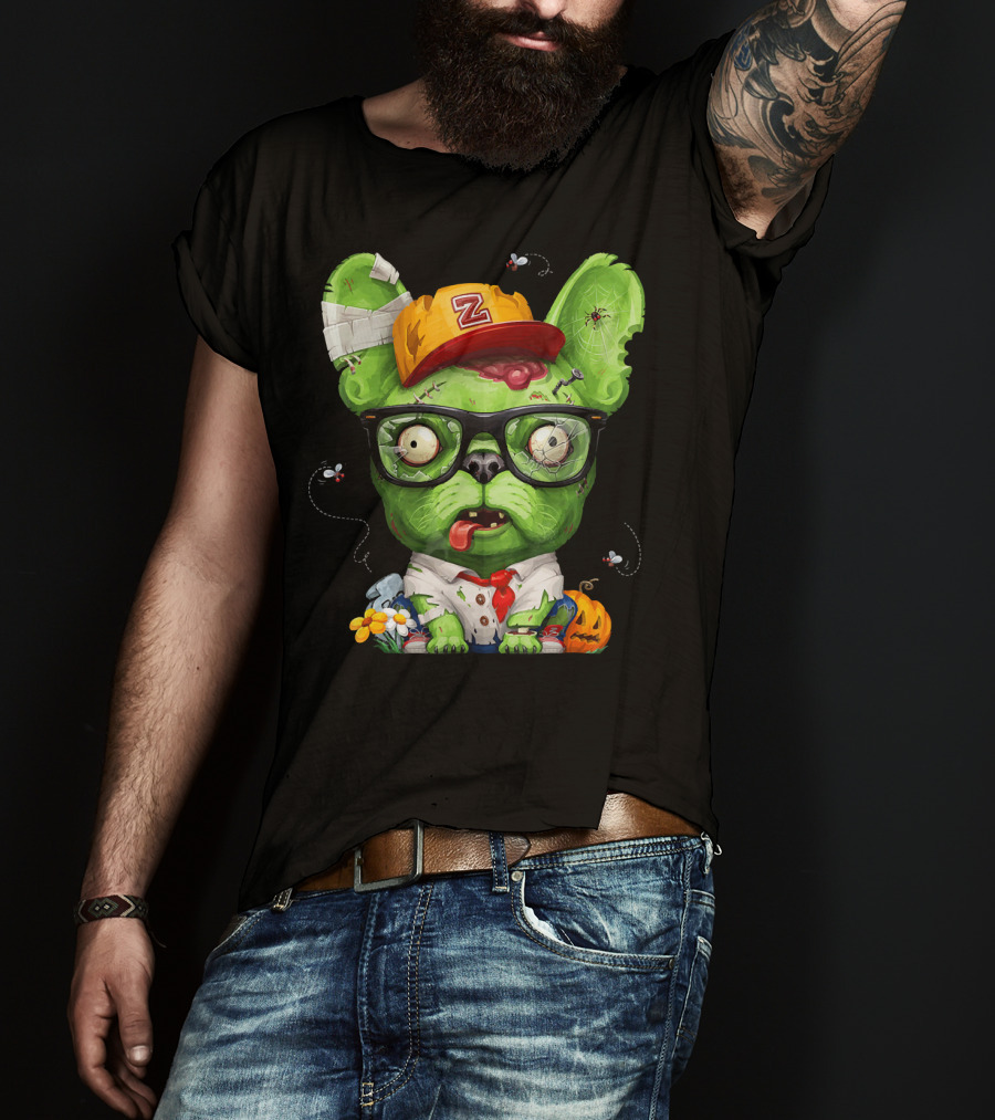 French Bulldog Wearing Zombie Glasses Halloween Hat T-Shirt