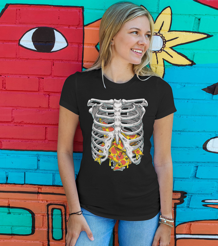 Skeleton Rib Cage Halloween Pizza Slices Inside T-Shirt