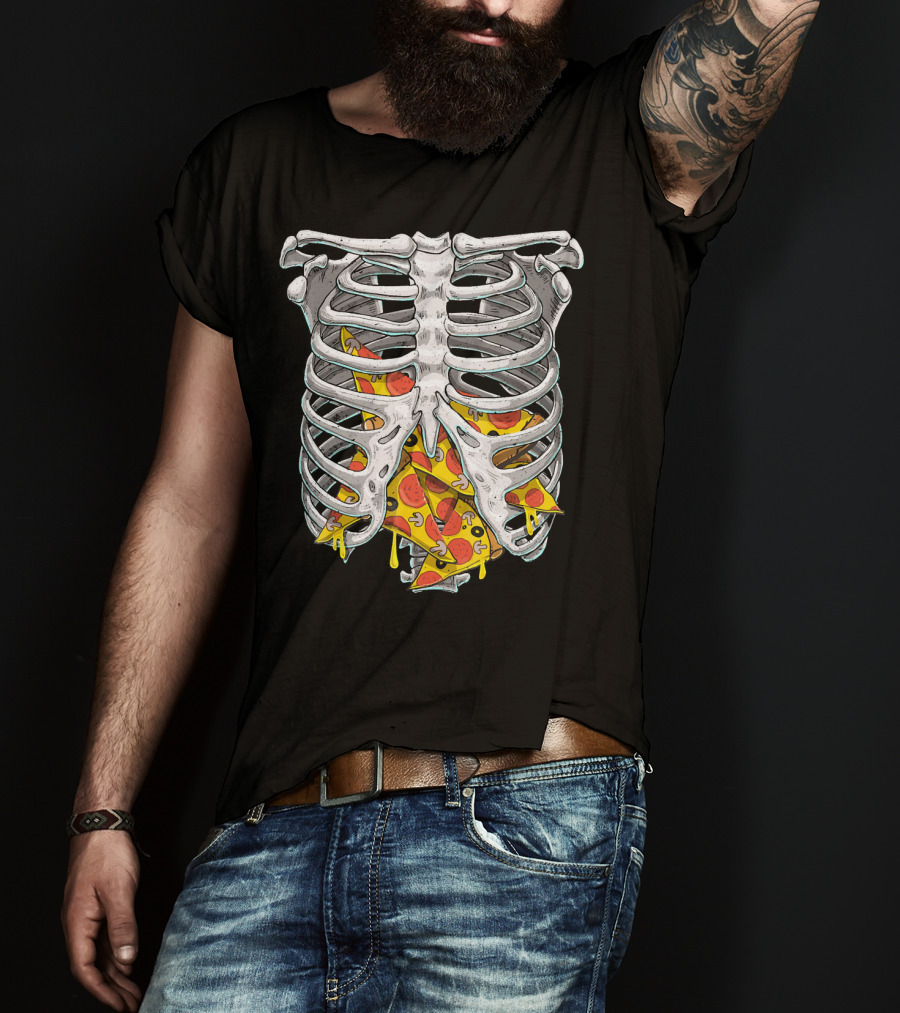 Skeleton Rib Cage Halloween Pizza Slices Inside T-Shirt