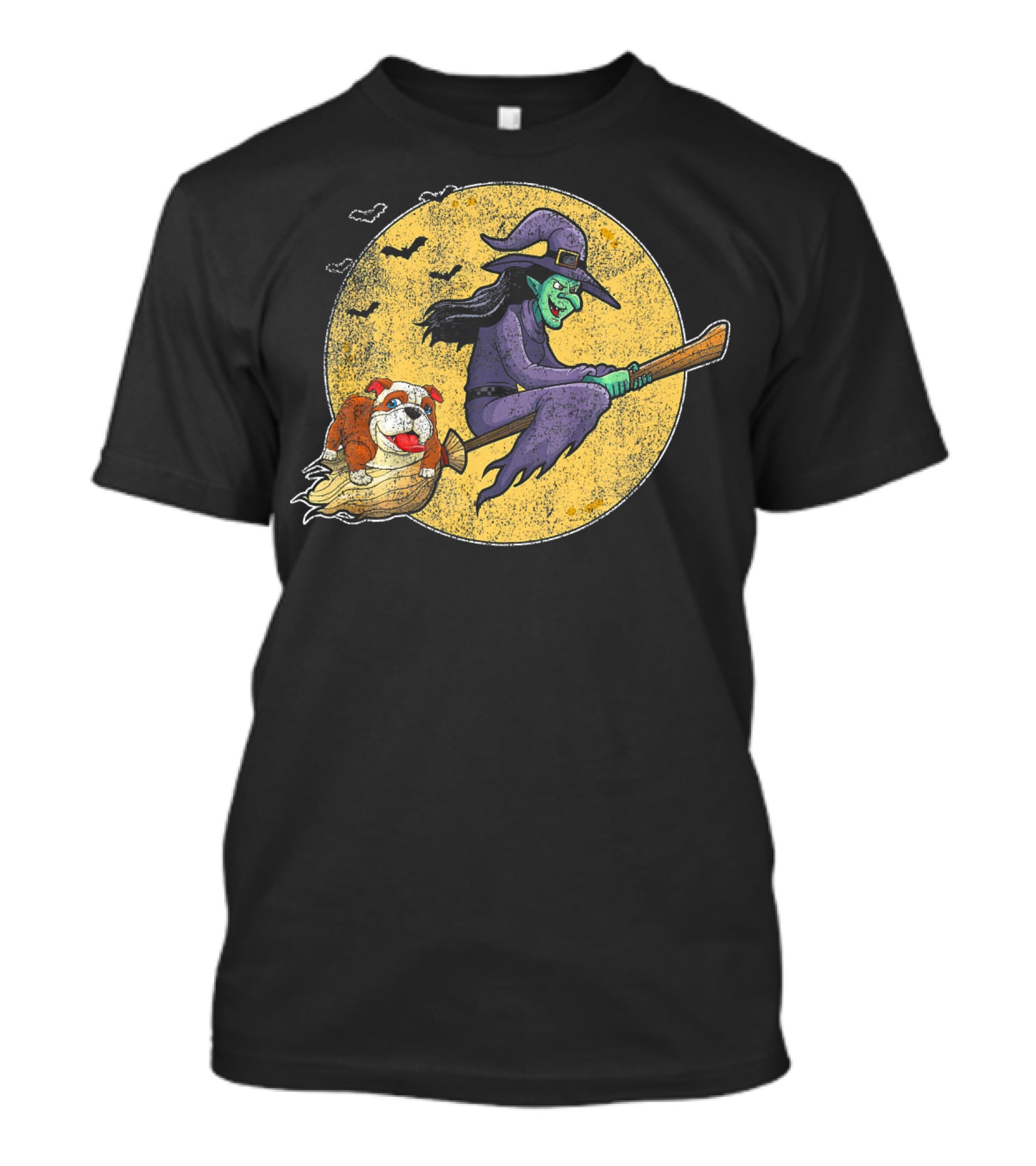 Halloween Witch Bulldog Dog Lovers Flying Grunge Full Moon Scene T-Shirt