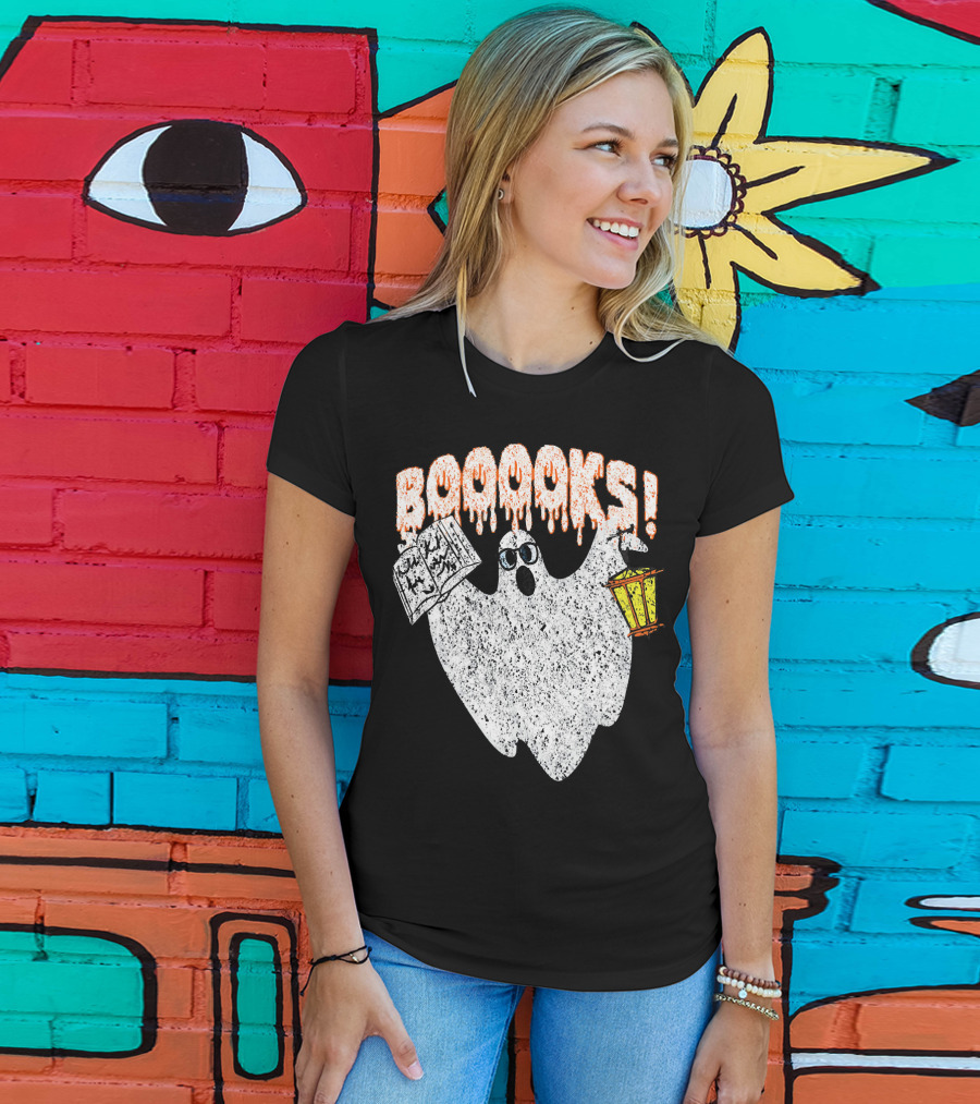 Booooks Spooky Ghost With Open Scary Book And Lantern T-Shirt