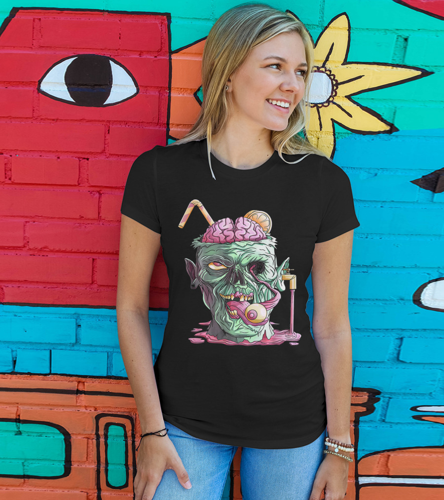 Zombie Face Brain Halloween Zombies Straw Brain Drink Eyeball Tongue T-Shirt