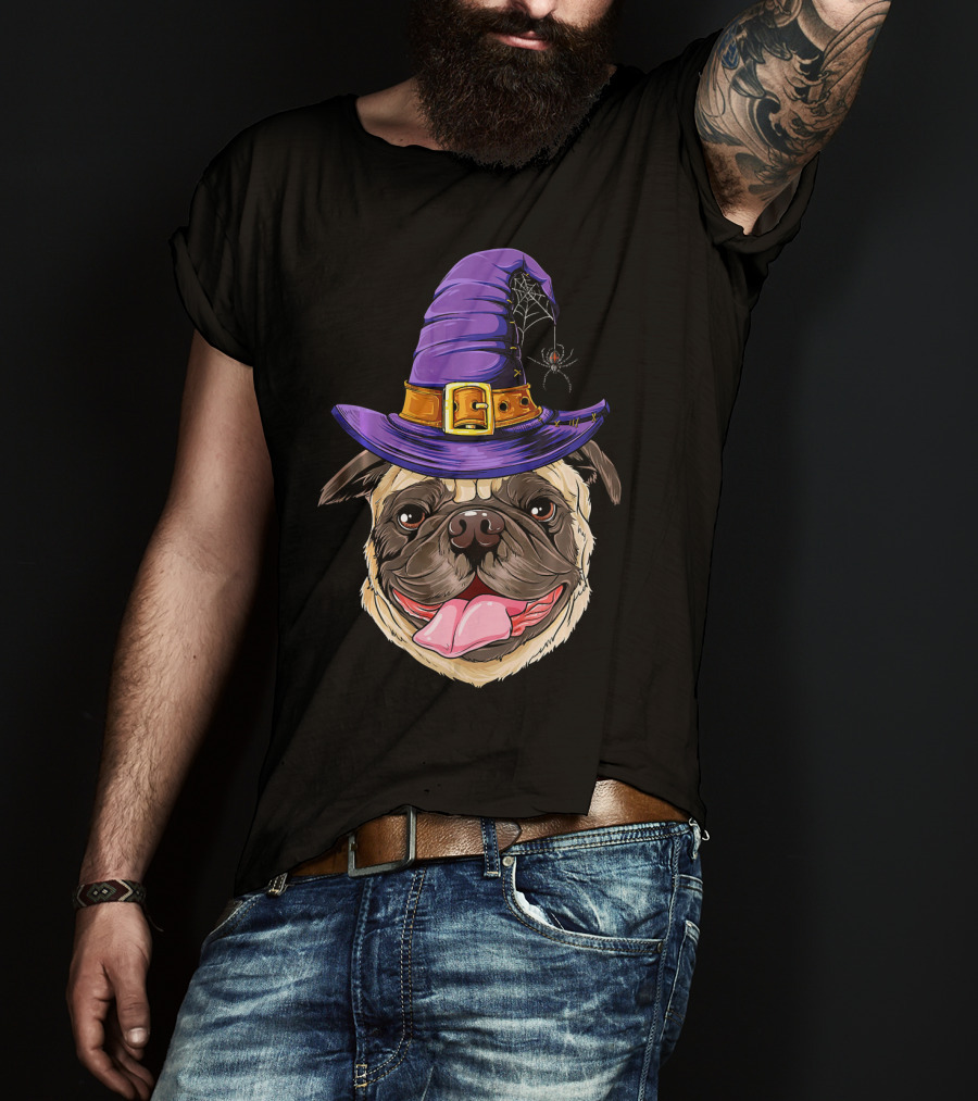 Pug With Witch Hat And Spider Halloween T-Shirt