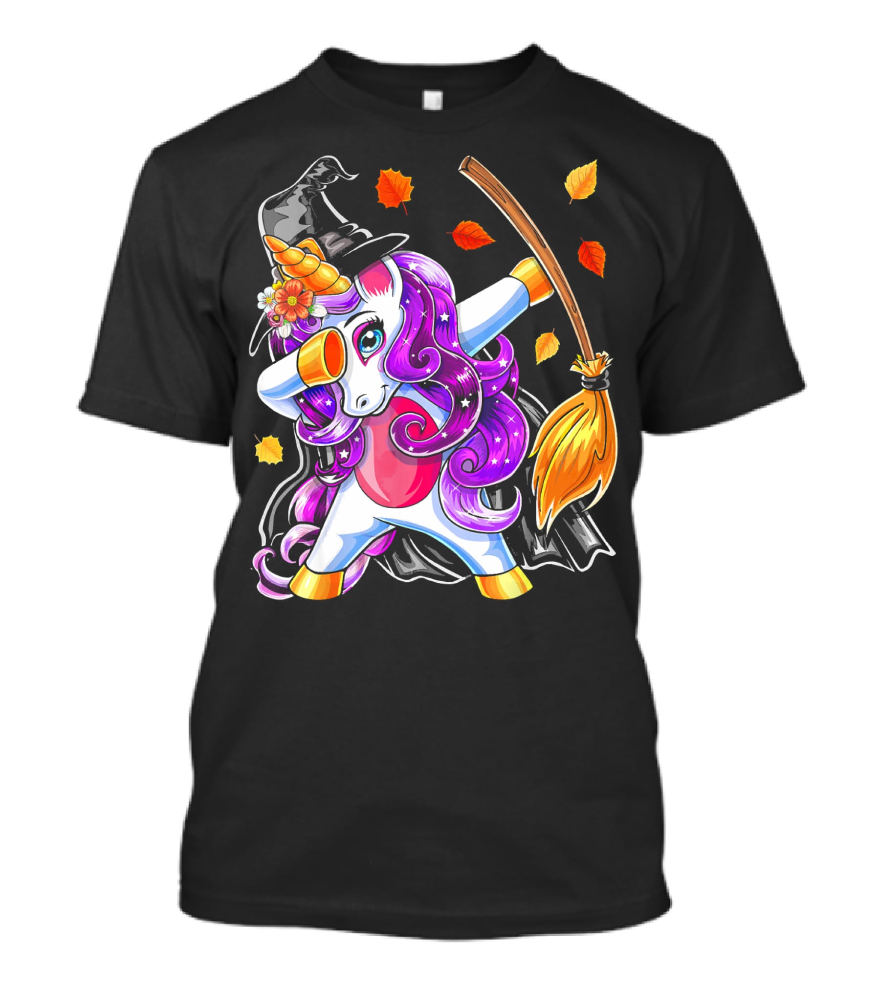 Dabbing Unicorn Halloween Witch With Magical Broom And Autumn Leaves T-Shirt