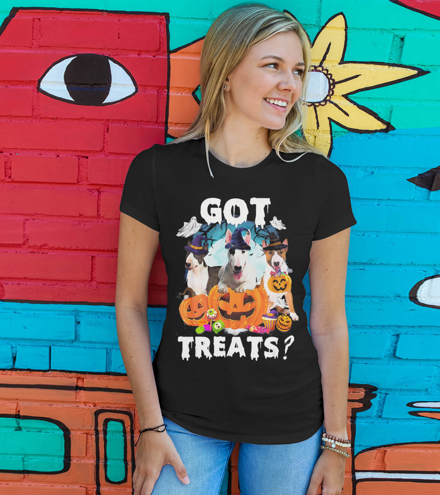 Got Treats Bull Terrier Halloween Ghosts Pumpkins T-Shirt