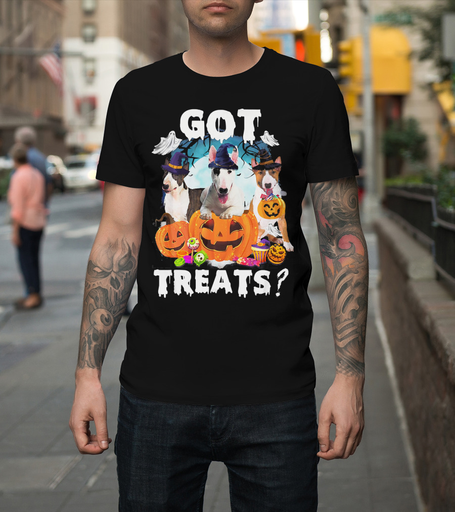 Got Treats Bull Terrier Halloween Ghosts Pumpkins T-Shirt