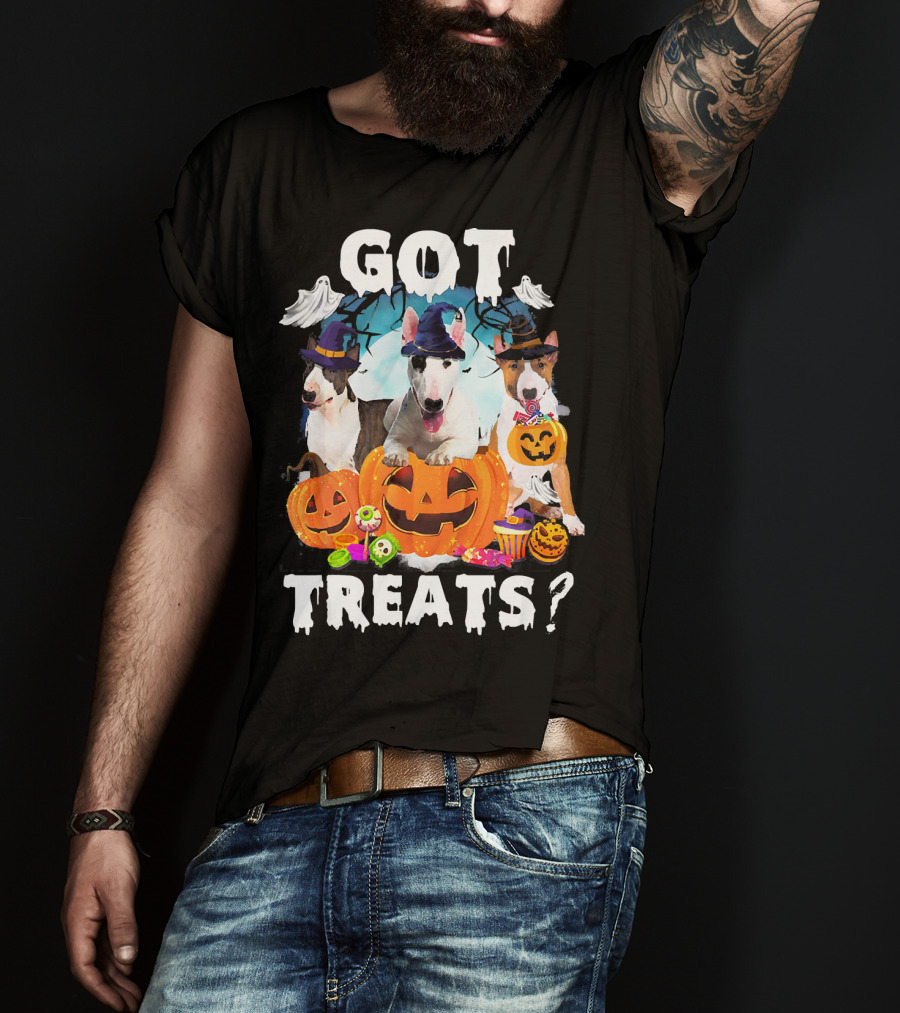 Got Treats Bull Terrier Halloween Ghosts Pumpkins T-Shirt