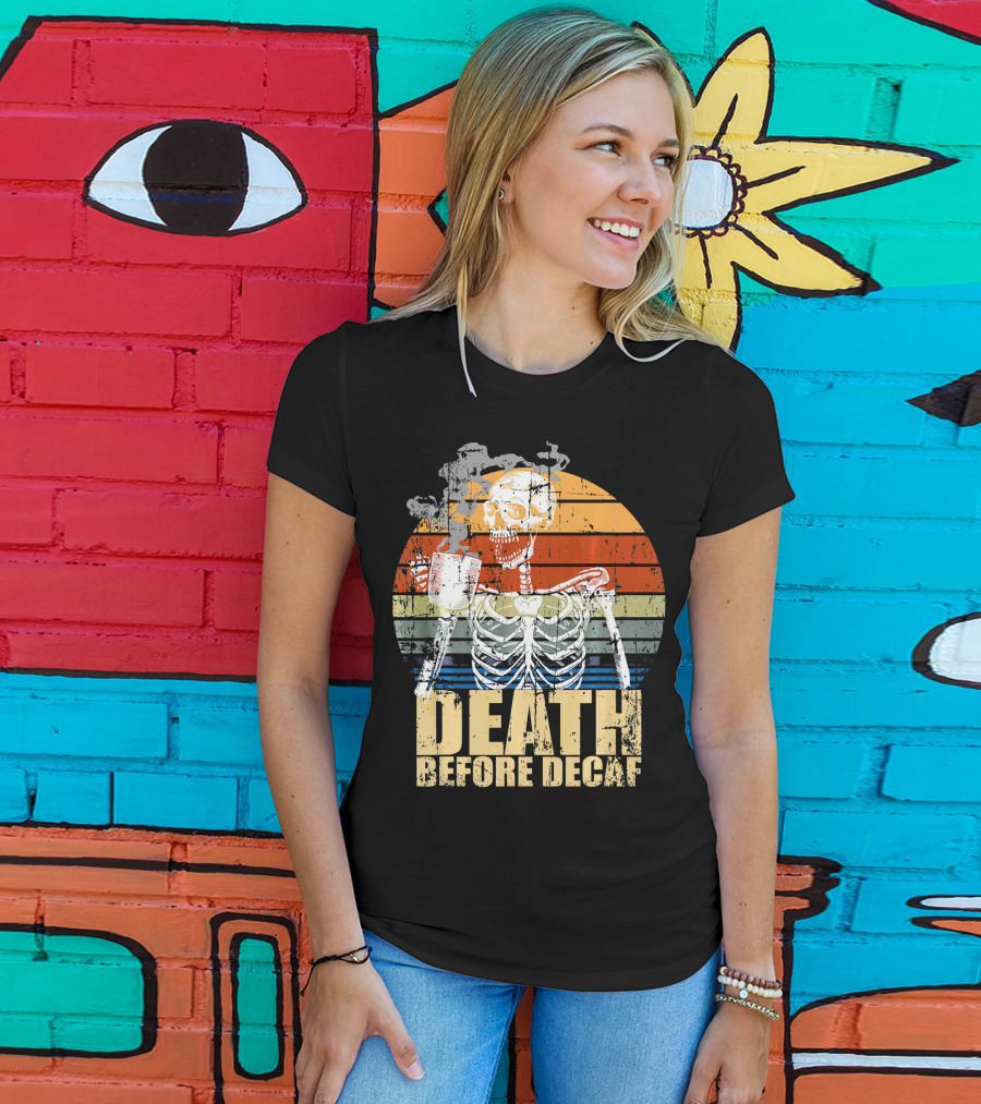 Vintage Death Before Decaf Coffee Skeleton Retro Sunset T-Shirt