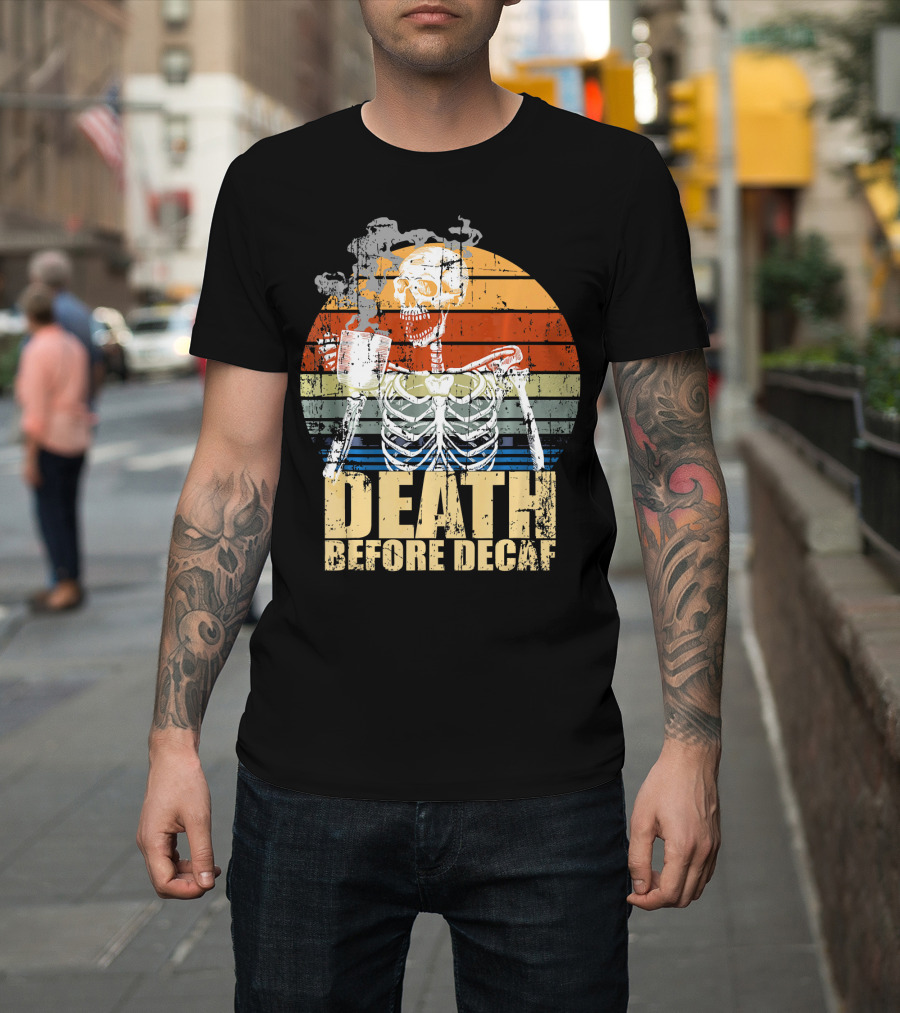 Vintage Death Before Decaf Coffee Skeleton Retro Sunset T-Shirt