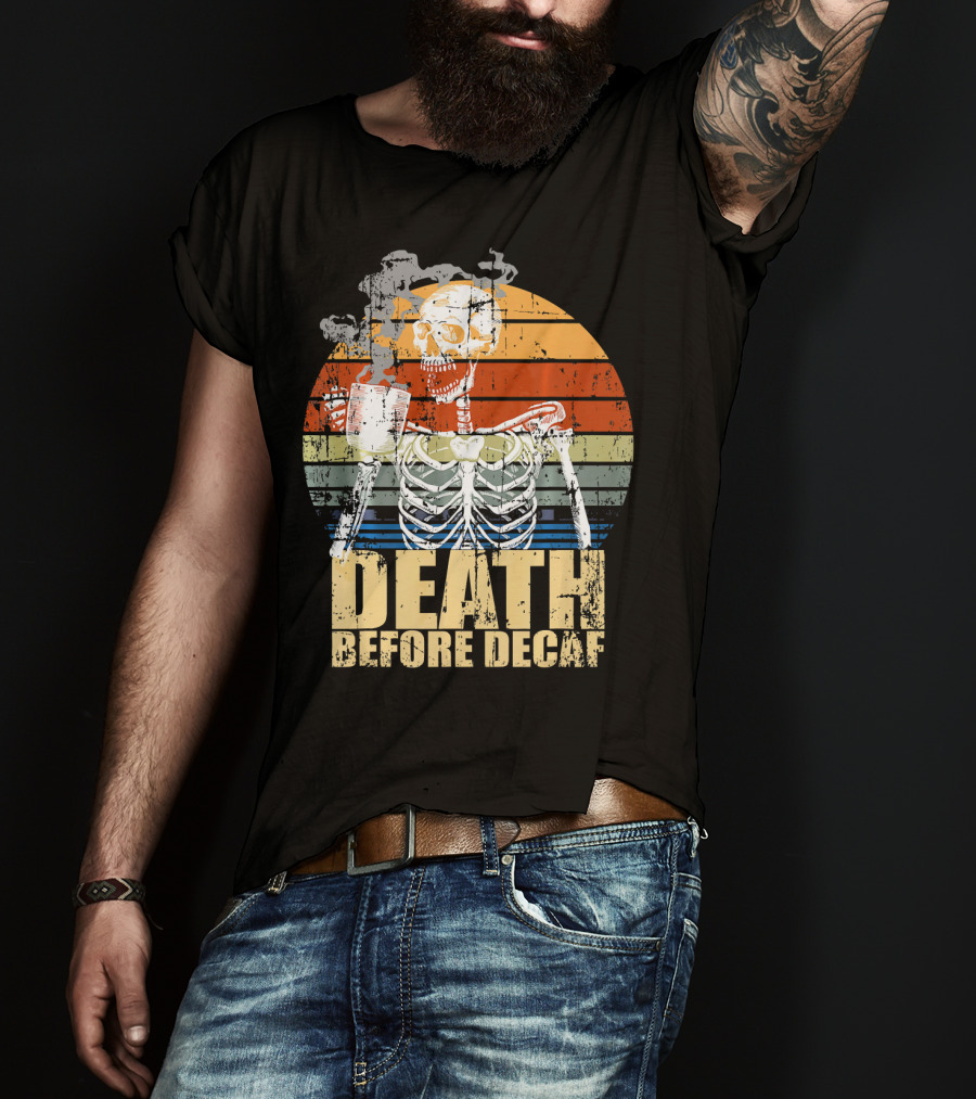 Vintage Death Before Decaf Coffee Skeleton Retro Sunset T-Shirt