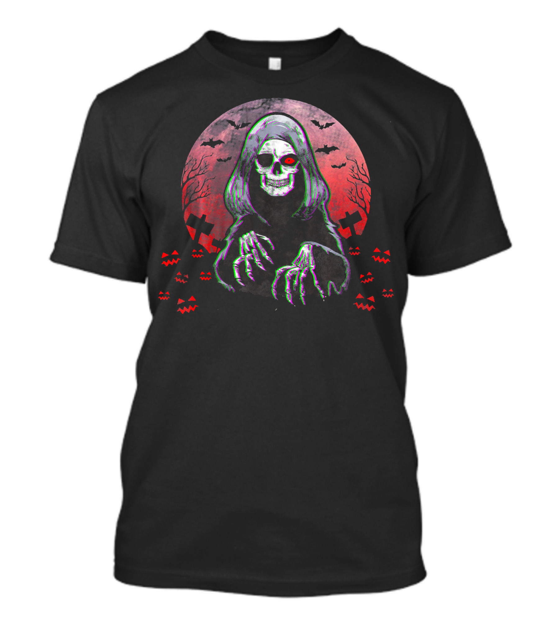 Grim Reaper Angel Of Death Halloween Horror Spooky Night Bats Pumpkins Crosses Skull T-Shirt