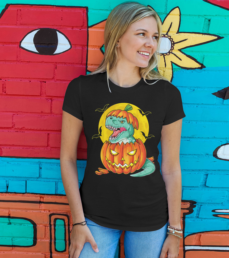 Dinosaur Pumpkin Halloween Moon Bats T-Shirt
