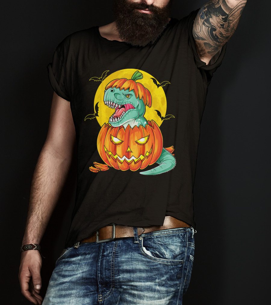 Dinosaur Pumpkin Halloween Moon Bats T-Shirt