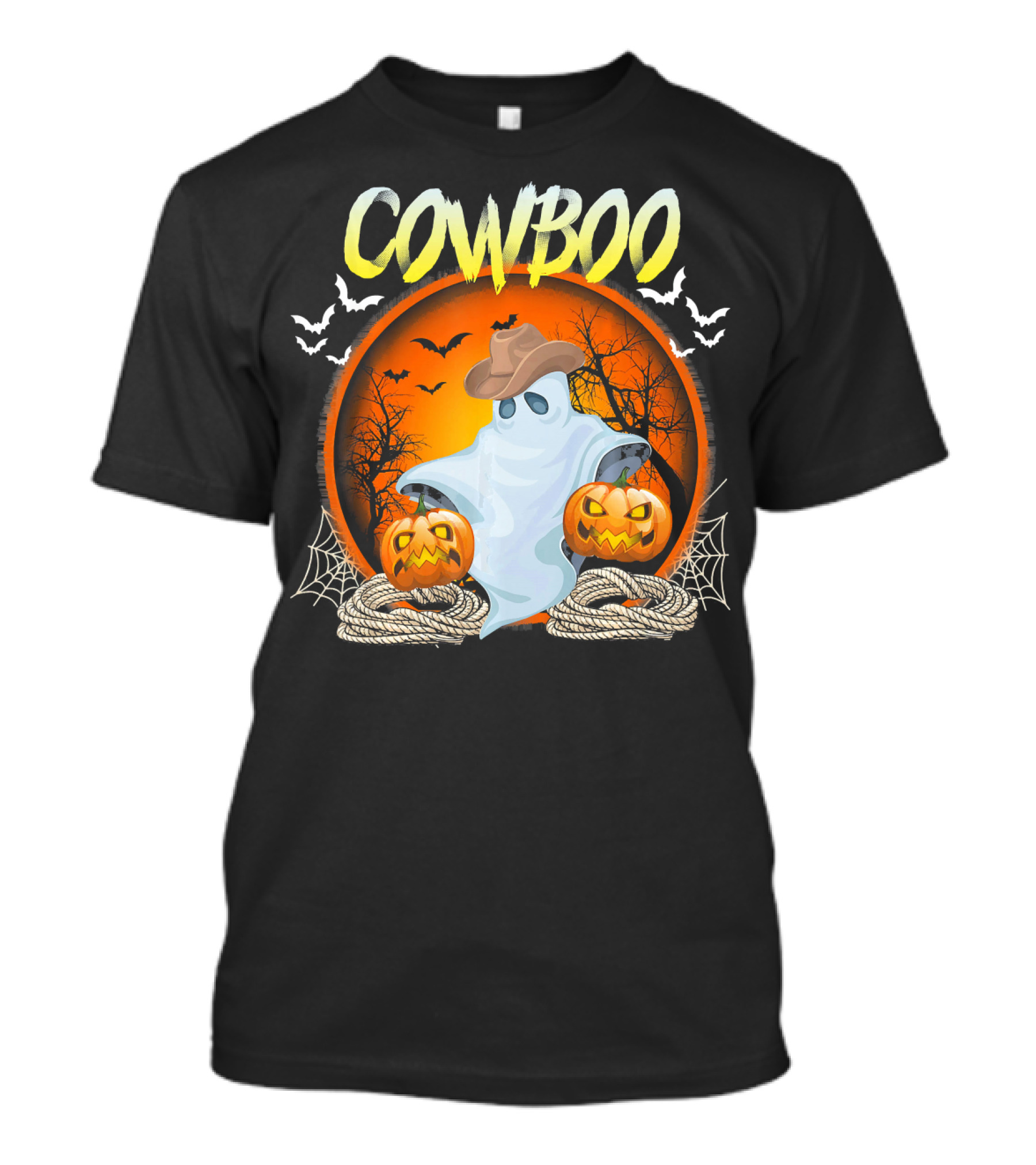 Cowboo Halloween Ghost In Cowboy Hat With Pumpkins And Bats T-Shirt