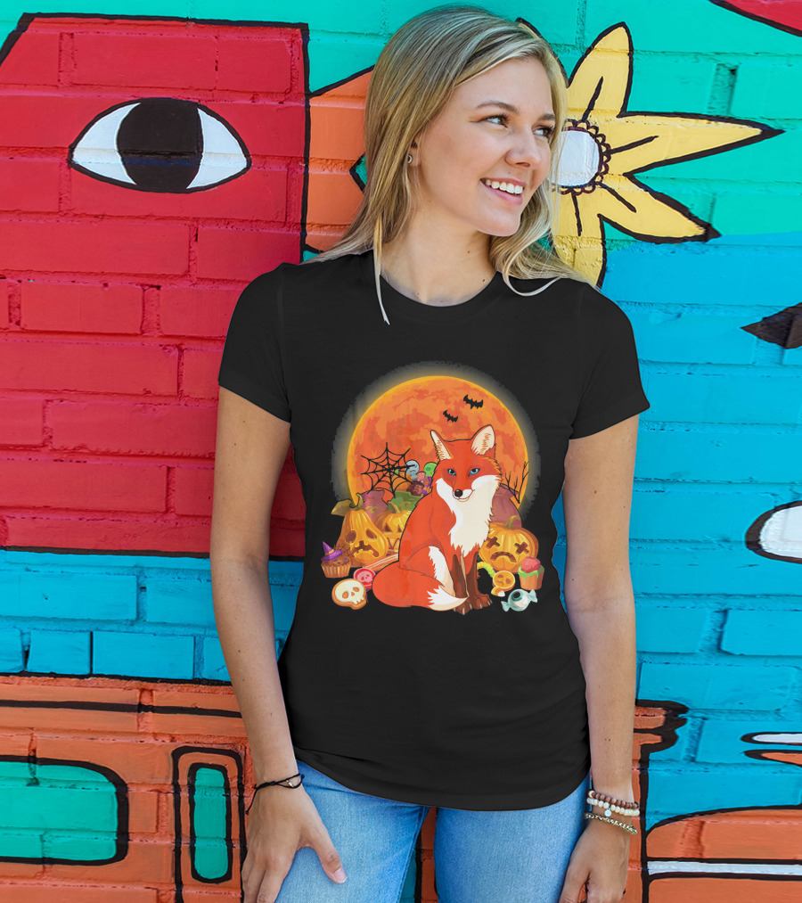 Funny Fox Halloween Full Moon Pumpkin Candy Scene T-Shirt