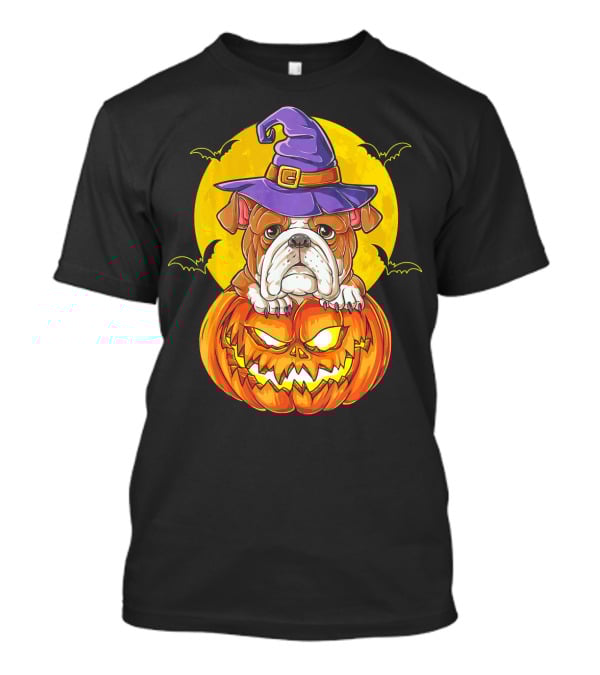 English Bulldog Halloween Witch Pumpkin Moon T-Shirt