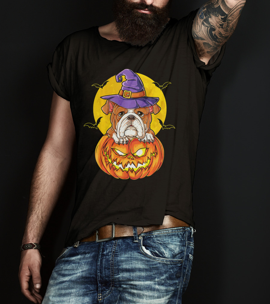 English Bulldog Halloween Witch Pumpkin Moon T-Shirt