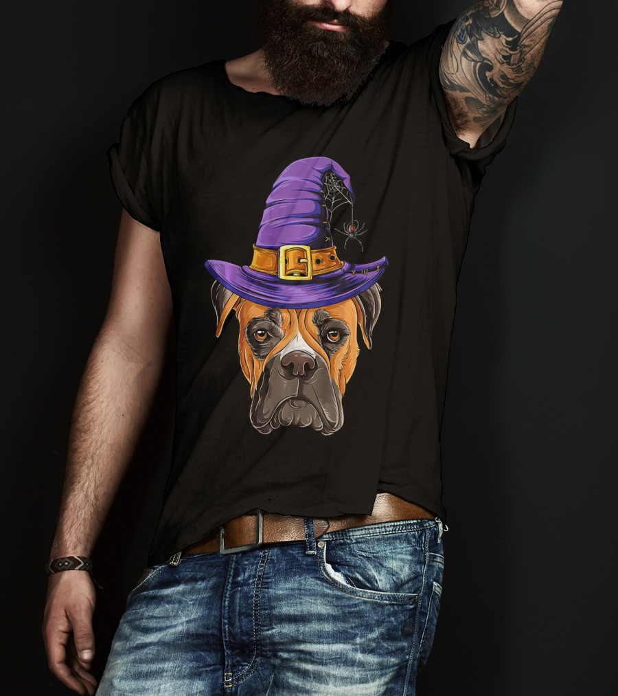 Boxer Dog Halloween Witch Hat Spider T-Shirt