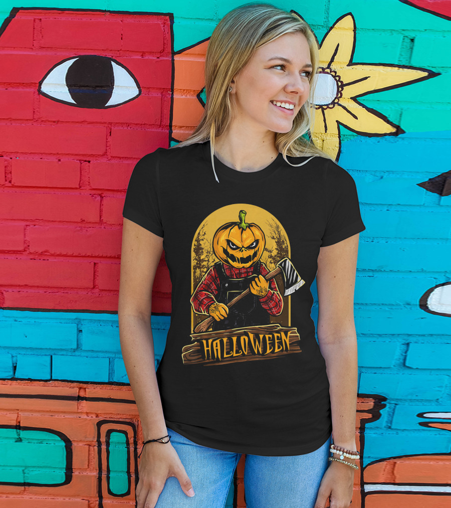 Halloween Horror Pumpkin Creepy Axe T-Shirt