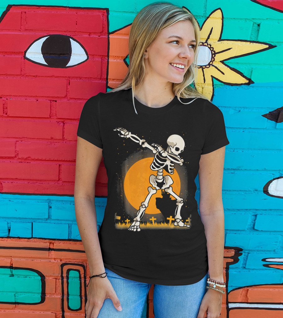 Halloween Skeleton Dabbing In Graveyard With Full Moon T-Shirt