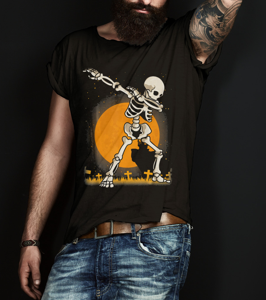 Halloween Skeleton Dabbing In Graveyard With Full Moon T-Shirt