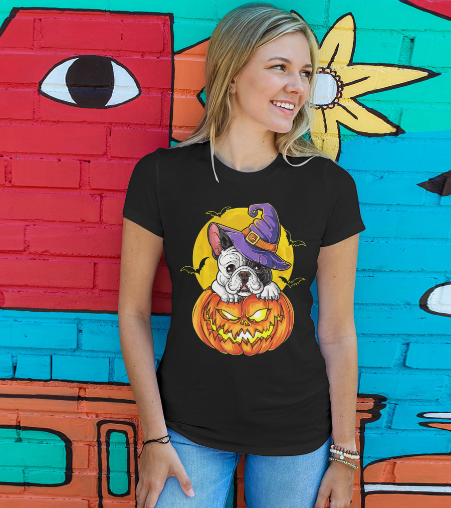 Halloween French Bulldog Witch In Pumpkin With Full Moon And Bats T-Shirt