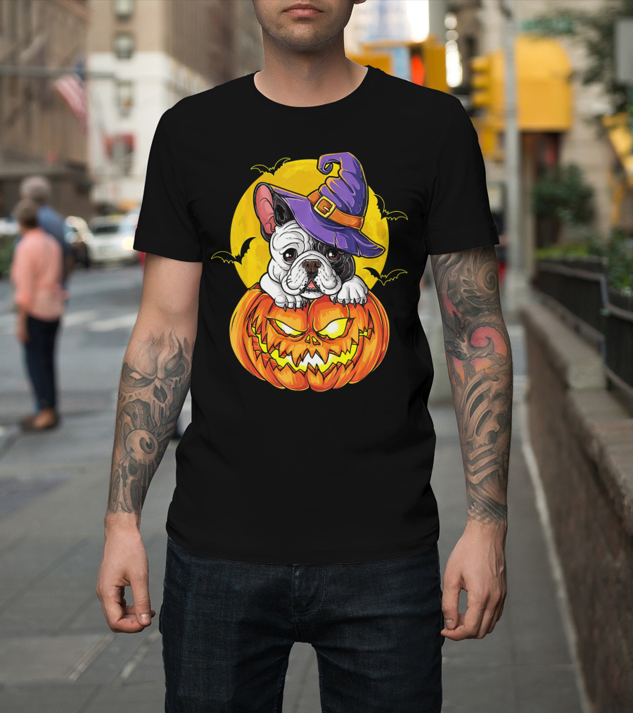 Halloween French Bulldog Witch In Pumpkin With Full Moon And Bats T-Shirt