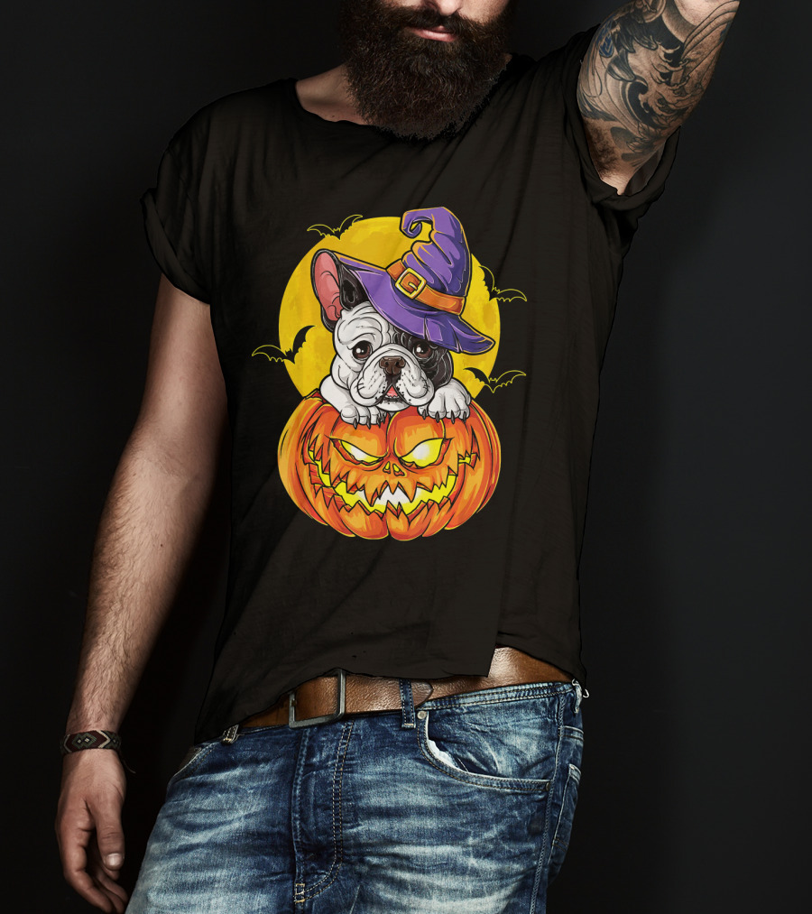 Halloween French Bulldog Witch In Pumpkin With Full Moon And Bats T-Shirt
