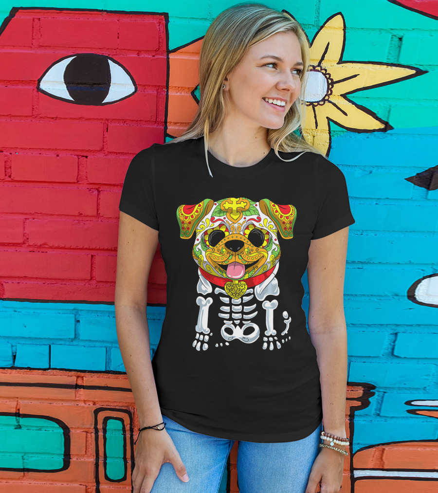 Dia De Los Muertos And Halloween Sugar Skull Dog Skeleton T-Shirt