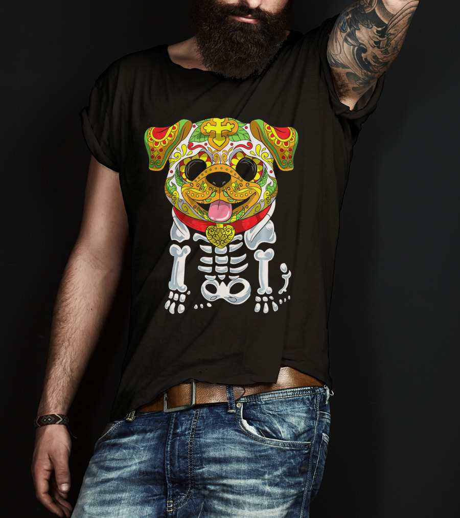 Dia De Los Muertos And Halloween Sugar Skull Dog Skeleton T-Shirt