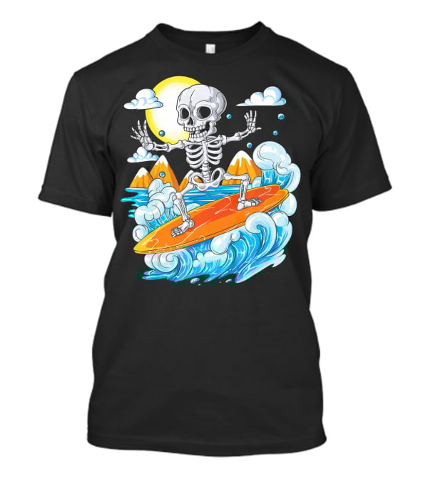 Skeleton Surfing Halloween On Hawaiian Waves With Sun And Clouds T-Shirt