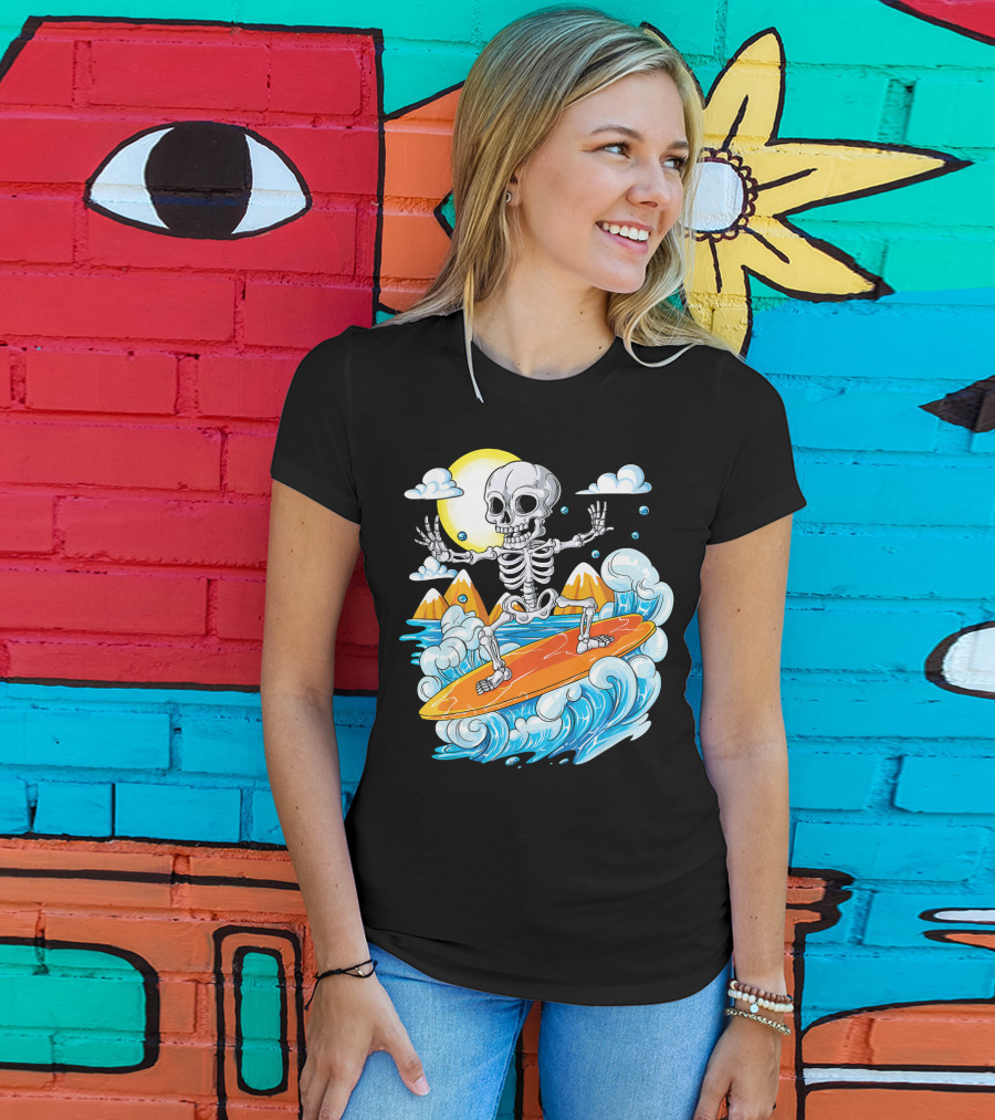 Skeleton Surfing Halloween On Hawaiian Waves With Sun And Clouds T-Shirt