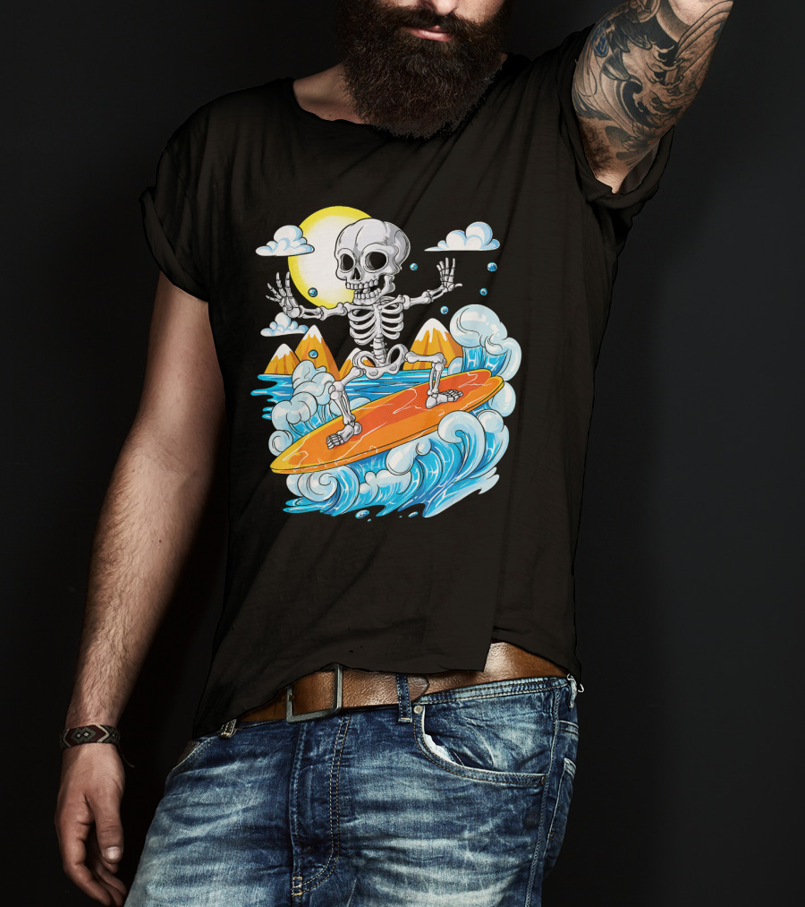 Skeleton Surfing Halloween On Hawaiian Waves With Sun And Clouds T-Shirt