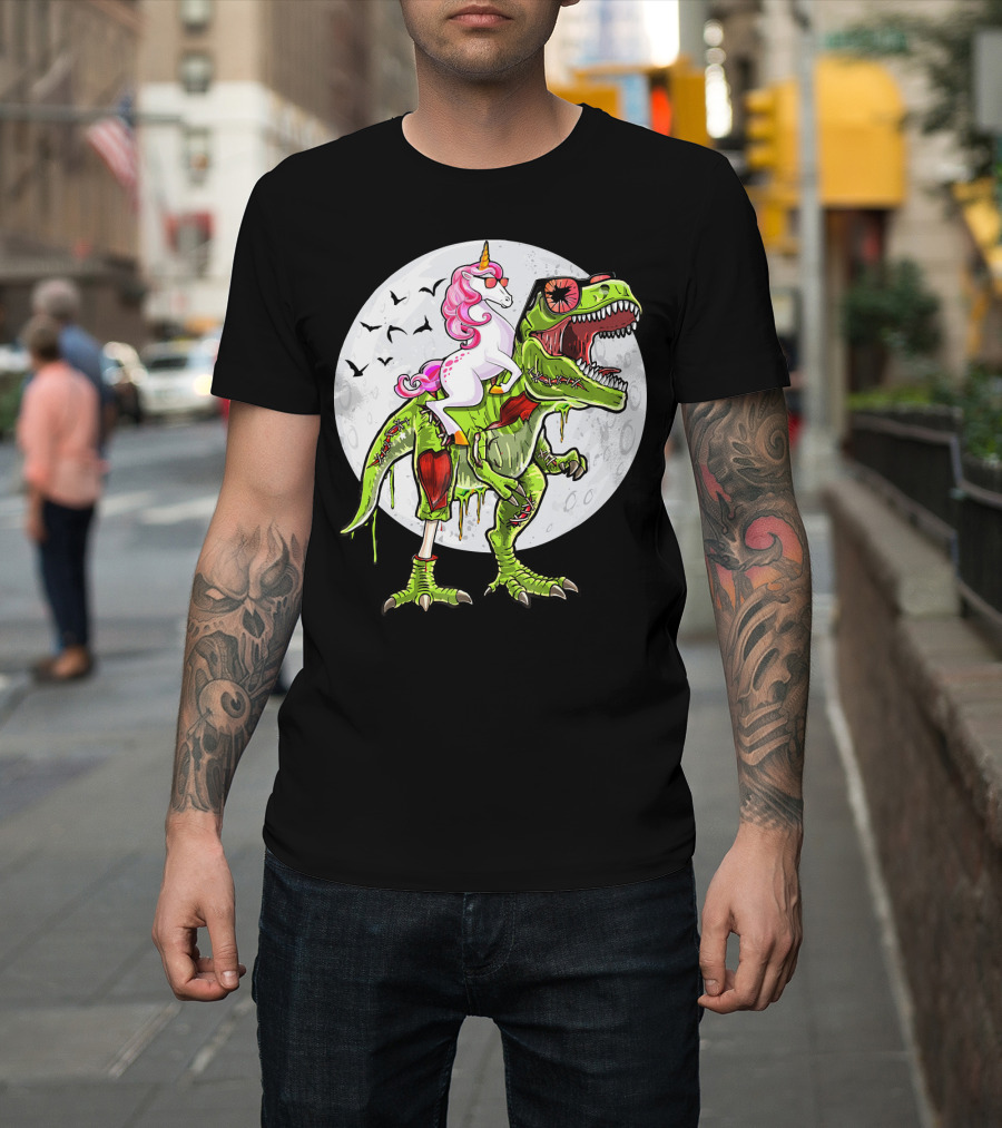 Funny Halloween Unicorn Riding Zombie Dinosaur with Bats and Full Moon T-Shirt