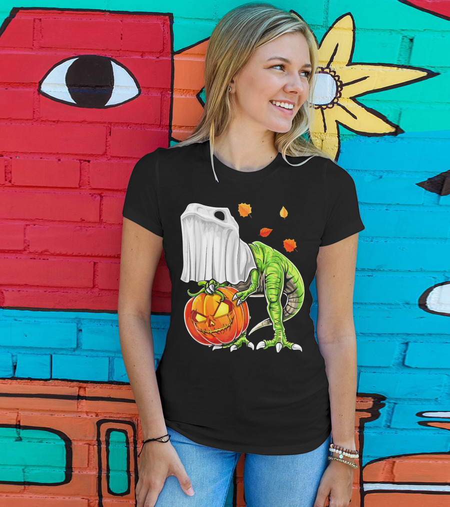 Halloween Dinosaur Ghost Pumpkin Jack Leaves T-Shirt