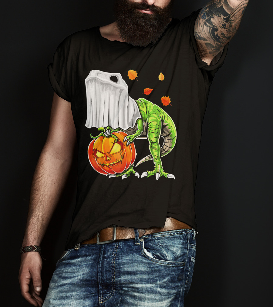 Halloween Dinosaur Ghost Pumpkin Jack Leaves T-Shirt