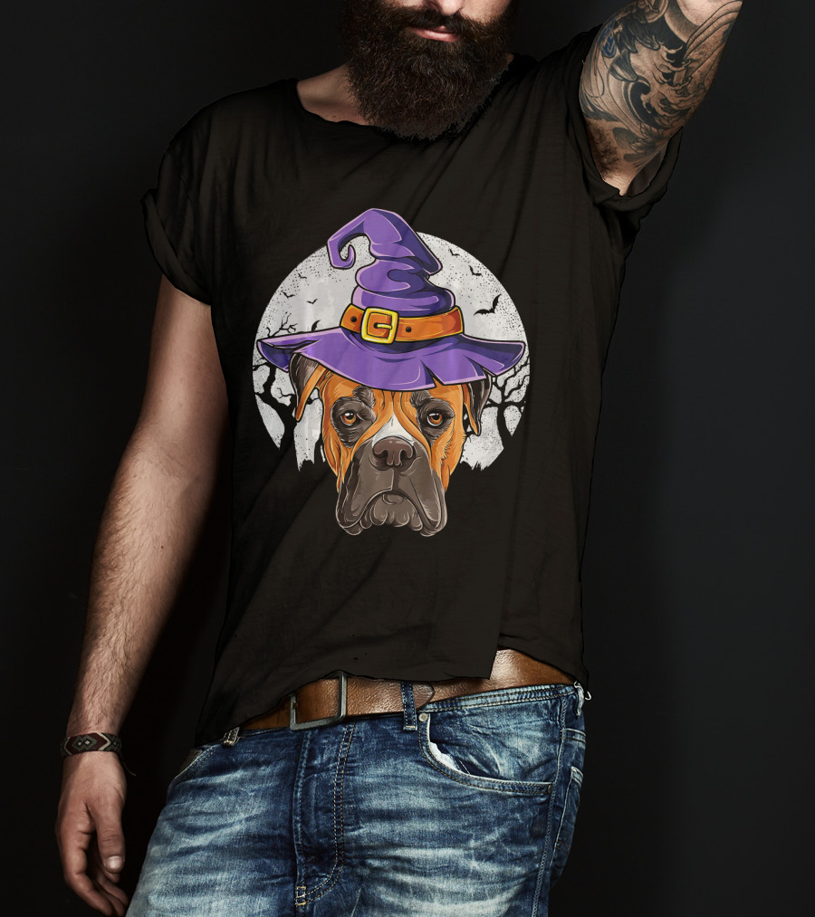 Boxer Dog Wearing Purple Witch Hat Under Full Moon With Bats Halloween T-Shirt