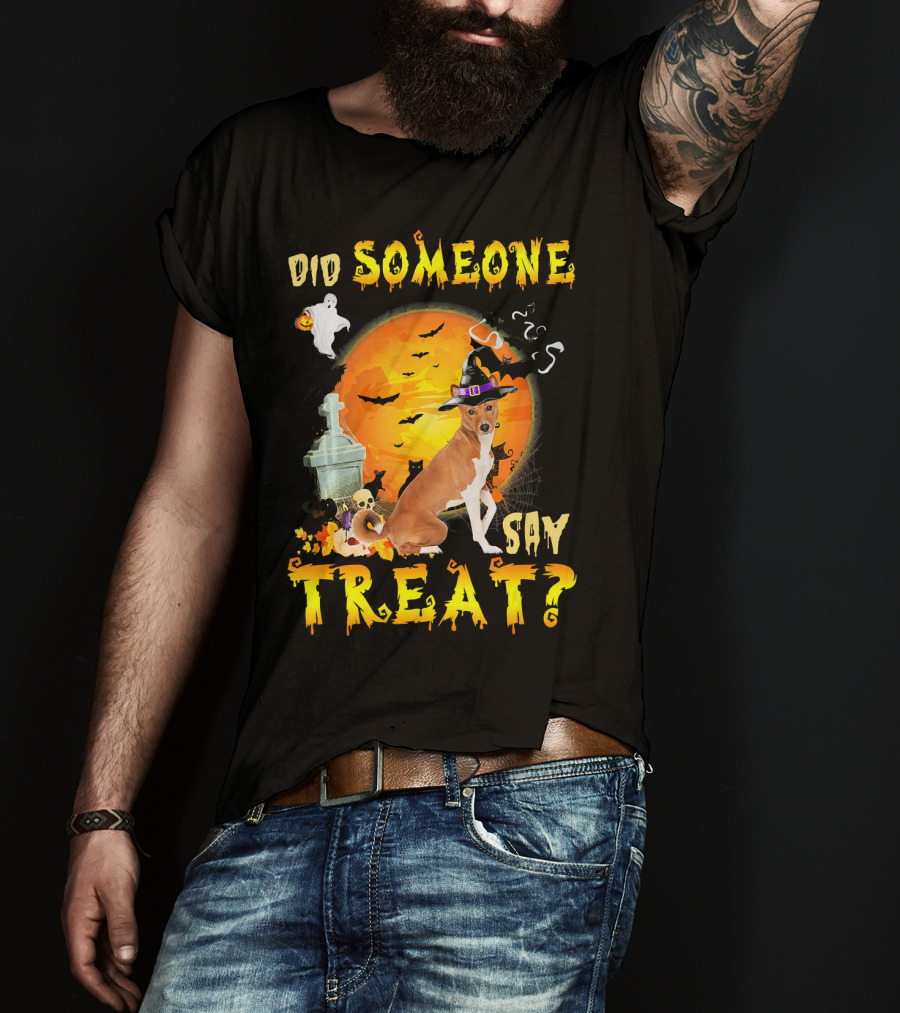 Did Someone Say Treat Basenji Halloween Moon Ghost Bats Witch Hat T-Shirt