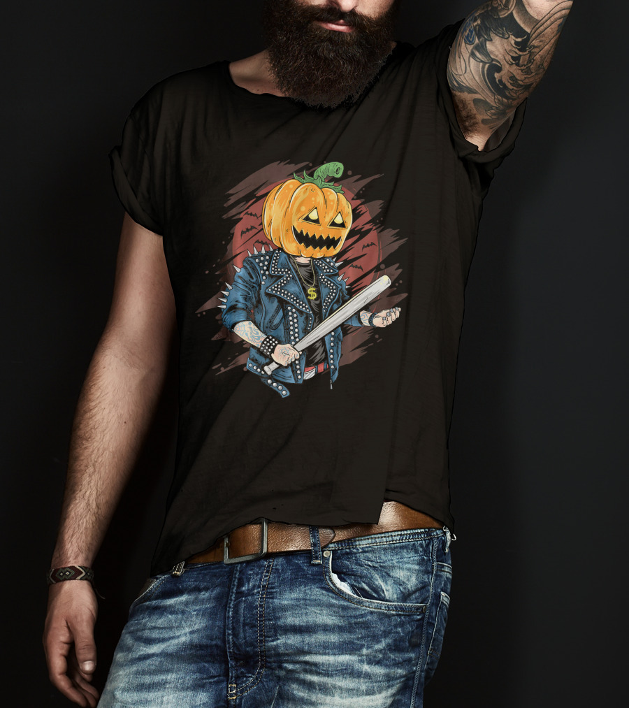 Punk Rocker Metalhead Pumpkin With Spiked Jacket And Baseball Bat T-Shirt