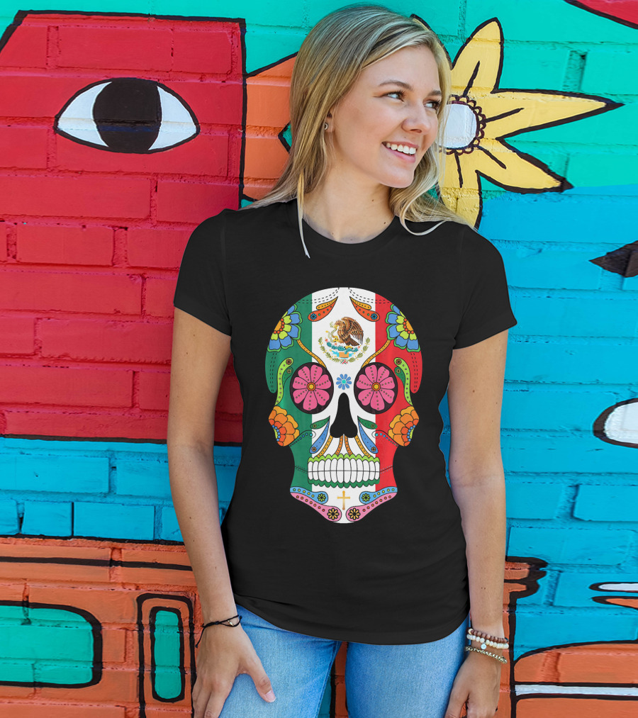 Mexican Flag Sugar Skull Eagle Floral Motif T-Shirt