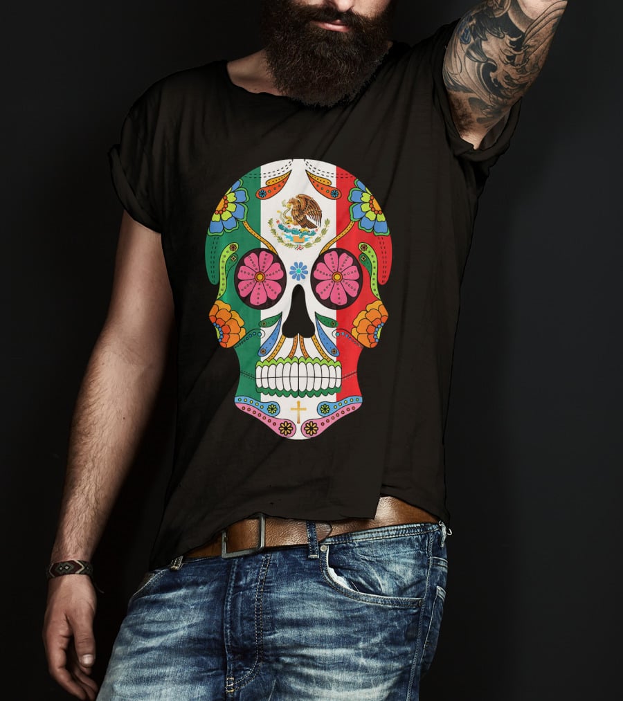 Mexican Flag Sugar Skull Eagle Floral Motif T-Shirt