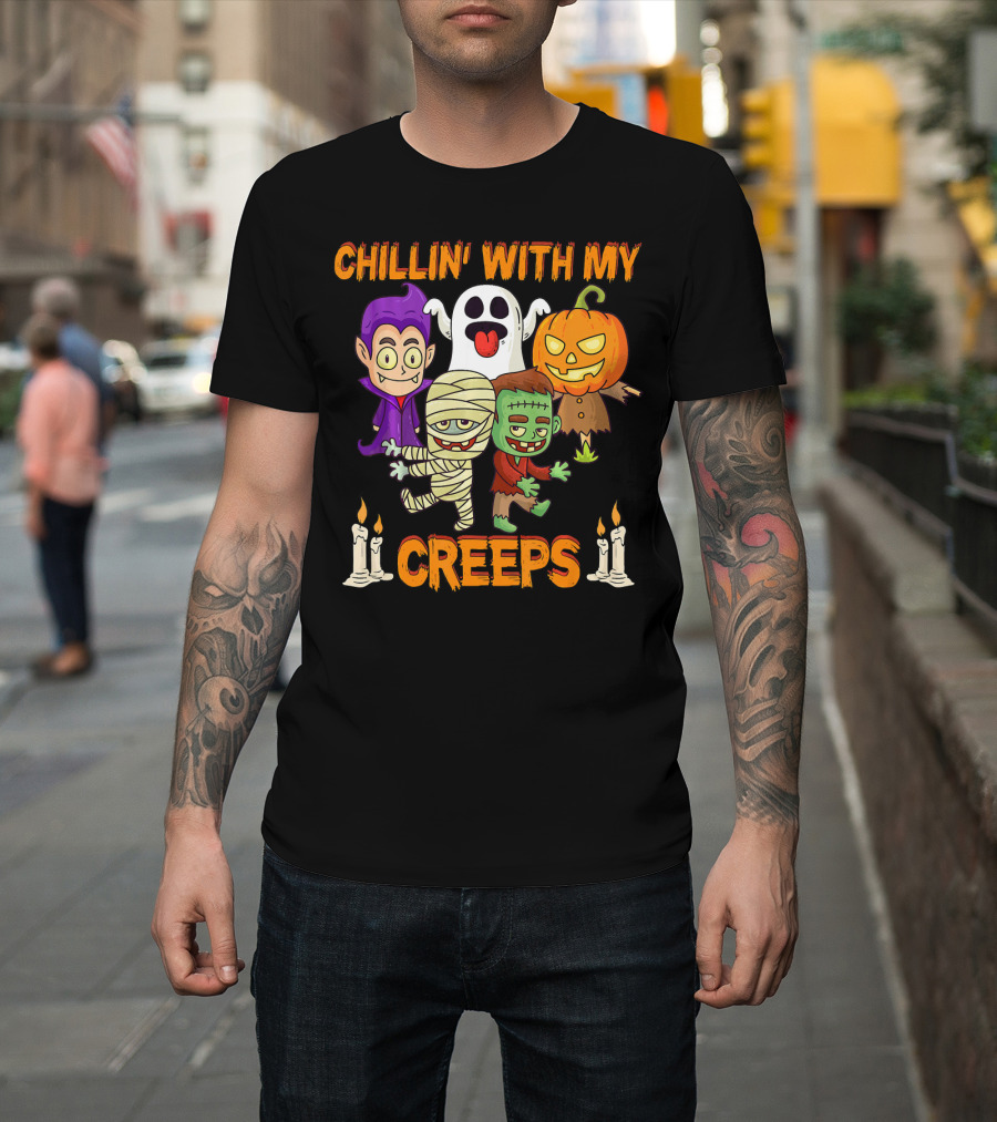 Chillin With My Creeps Ghost Mummy Frankenstein Vampire Pumpkin Candles T-Shirt