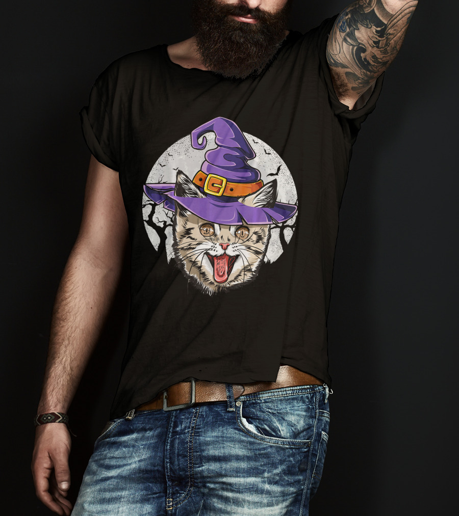 Funny Halloween Witch Cat With Purple Hat And Moon Background T-Shirt