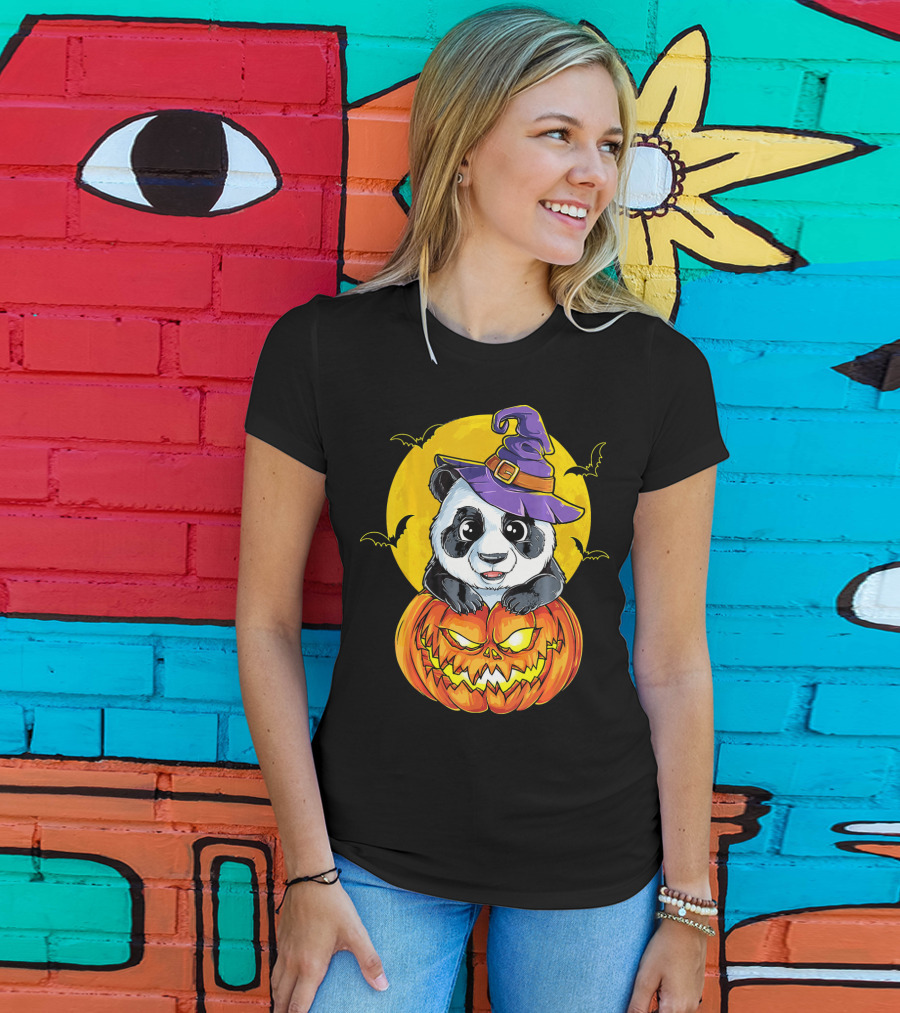 Panda Witch Halloween Pumpkin Moon Bats T-Shirt
