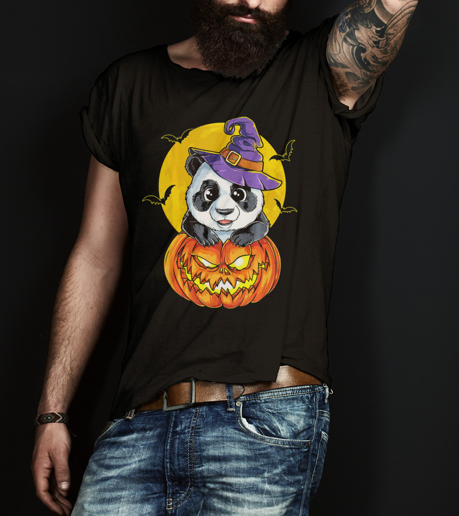 Panda Witch Halloween Pumpkin Moon Bats T-Shirt